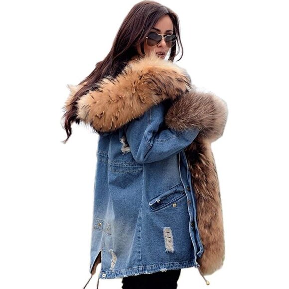 🆕 Hooded Fur Lined Warm Coat Jean Parka Outwear Winter Long Trench Jacket NWT - Picture 3 of 9